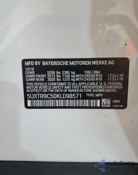 2019 BMW X3 xDrive30I из США, поврежденный, VIN 5UXTR9C50KLD98571